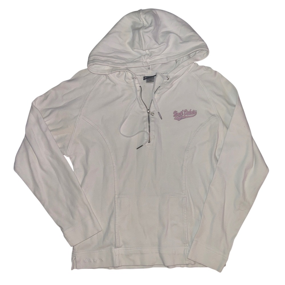 Champion Womens North Dakota Quarter Zip Hoodie White Pink Size M